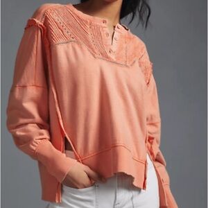 Anthropologie Pilcro Pintuck Sweatshirt Orange Size Medium Henley Ruffle
